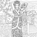 Japanese woman adult coloring book page Royalty Free Stock Photo